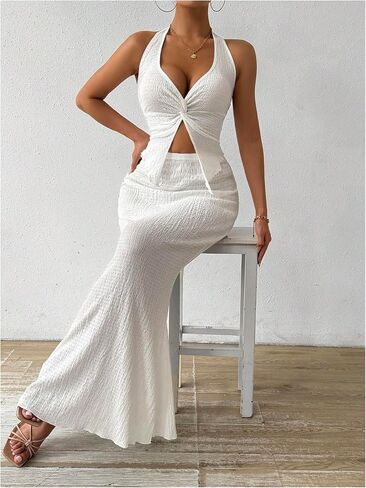 SHENHE Women's Sexy 2 Piece Outfits Twist Front Split Halter Crop Top and Bodycon Maxi Skirt Set in Saudi Arabia