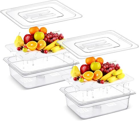 Zhehao 2 Pack Full Size PET Food Pans Set 4'' Deep Clear Hotel Pans with Lids and Food Pan Drain Shelf Food Storage Containers for Kitchen Fruit Vegetable Restaurant Supplies, 20.87 x 12.8 Inches in Saudi Arabia