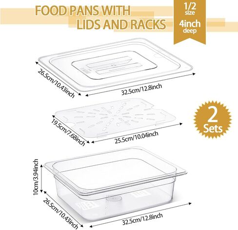 Zhehao 2 Pack Full Size PET Food Pans Set 4'' Deep Clear Hotel Pans with Lids and Food Pan Drain Shelf Food Storage Containers for Kitchen Fruit Vegetable Restaurant Supplies, 20.87 x 12.8 Inches in Saudi Arabia