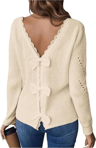 SOLY HUX Women's Sweaters Lace Bow Back Long Sleeve V Neck Pullover Casual Jumper Tops in Kuwait