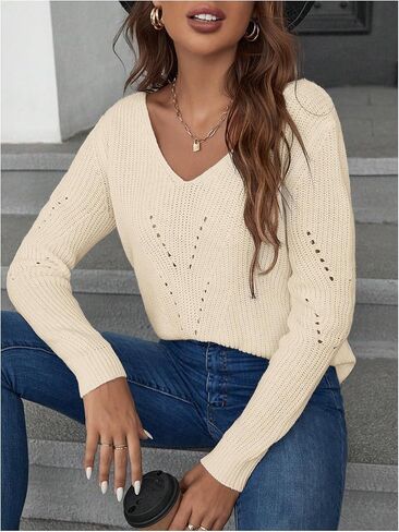 SOLY HUX Women's Sweaters Lace Bow Back Long Sleeve V Neck Pullover Casual Jumper Tops in Kuwait