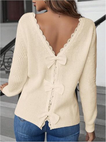 SOLY HUX Women's Sweaters Lace Bow Back Long Sleeve V Neck Pullover Casual Jumper Tops in Kuwait