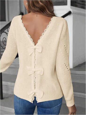 SOLY HUX Women's Sweaters Lace Bow Back Long Sleeve V Neck Pullover Casual Jumper Tops in Kuwait