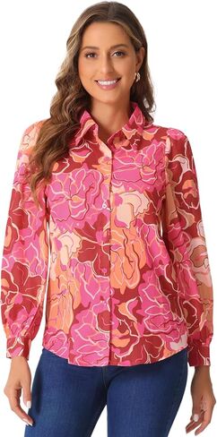 Allegra K Women's Button Down Floral Print Shirt Puff Long Sleeve Fashion Casual Chiffon Blouse Top in Saudi Arabia