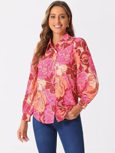 Allegra K Women's Button Down Floral Print Shirt Puff Long Sleeve Fashion Casual Chiffon Blouse Top in Saudi Arabia