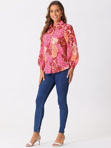 Allegra K Women's Button Down Floral Print Shirt Puff Long Sleeve Fashion Casual Chiffon Blouse Top in Saudi Arabia