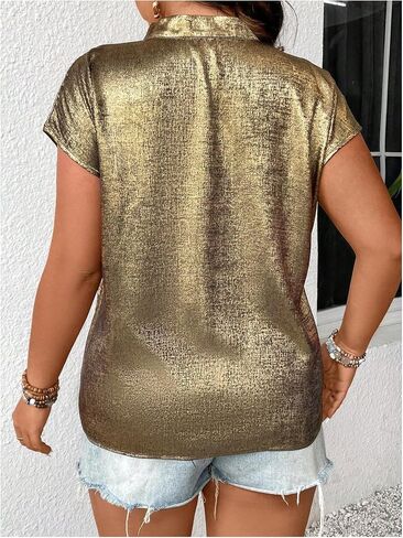 MakeMeChic Women's Plus Size Blouse Metallic Notched V Neck Short Sleeve Summer Shirt Top in Kuwait