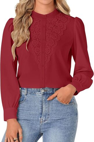 روبوستير النسائي الدانتيل وهمية الزر طويل الأكمام أسفل قميص بلوزة أنيقة أعلى ملابس السقوط in Kuwait