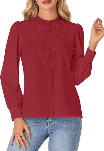 روبوستير النسائي الدانتيل وهمية الزر طويل الأكمام أسفل قميص بلوزة أنيقة أعلى ملابس السقوط in Kuwait