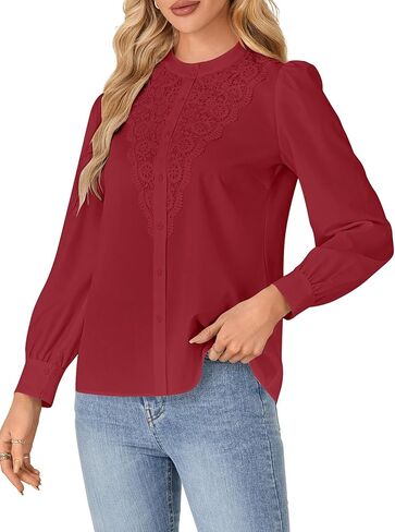 روبوستير النسائي الدانتيل وهمية الزر طويل الأكمام أسفل قميص بلوزة أنيقة أعلى ملابس السقوط in Kuwait