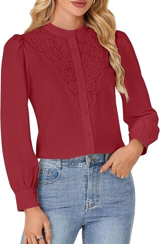 روبوستير النسائي الدانتيل وهمية الزر طويل الأكمام أسفل قميص بلوزة أنيقة أعلى ملابس السقوط in Kuwait