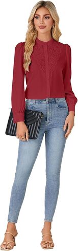 روبوستير النسائي الدانتيل وهمية الزر طويل الأكمام أسفل قميص بلوزة أنيقة أعلى ملابس السقوط in Kuwait