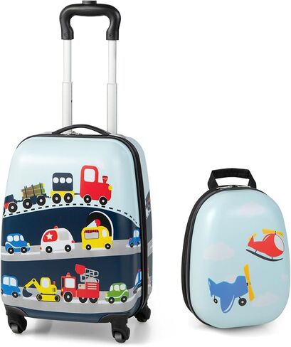 HONEY JOY Kids Luggage, 12" Toddler Backpack & 16" Travel Suitcase with Wheels, Lightweight Toddler Girls Suitcase, Durable ABS Hardshell, 2Pcs Carry On Luggage Set for Boys Girls(Car) in Kuwait