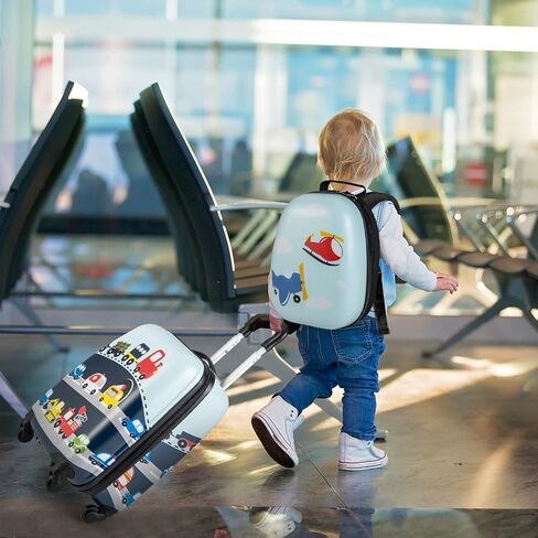 HONEY JOY Kids Luggage, 12" Toddler Backpack & 16" Travel Suitcase with Wheels, Lightweight Toddler Girls Suitcase, Durable ABS Hardshell, 2Pcs Carry On Luggage Set for Boys Girls(Car) in Kuwait