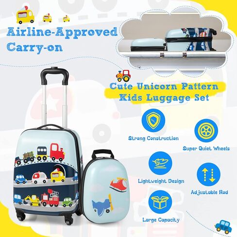 HONEY JOY Kids Luggage, 12" Toddler Backpack & 16" Travel Suitcase with Wheels, Lightweight Toddler Girls Suitcase, Durable ABS Hardshell, 2Pcs Carry On Luggage Set for Boys Girls(Car) in Kuwait