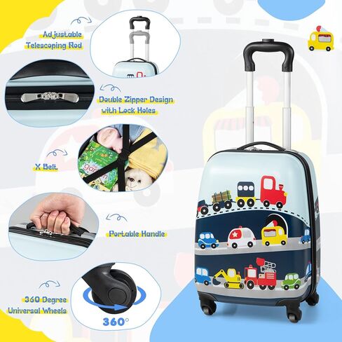 HONEY JOY Kids Luggage, 12" Toddler Backpack & 16" Travel Suitcase with Wheels, Lightweight Toddler Girls Suitcase, Durable ABS Hardshell, 2Pcs Carry On Luggage Set for Boys Girls(Car) in Kuwait