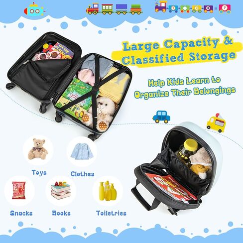 HONEY JOY Kids Luggage, 12" Toddler Backpack & 16" Travel Suitcase with Wheels, Lightweight Toddler Girls Suitcase, Durable ABS Hardshell, 2Pcs Carry On Luggage Set for Boys Girls(Car) in Kuwait