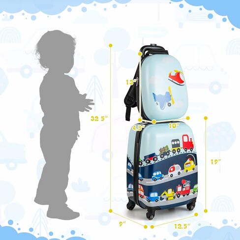 HONEY JOY Kids Luggage, 12" Toddler Backpack & 16" Travel Suitcase with Wheels, Lightweight Toddler Girls Suitcase, Durable ABS Hardshell, 2Pcs Carry On Luggage Set for Boys Girls(Car) in Kuwait