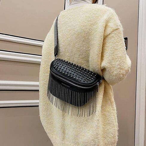 Minache Women Girls Rivet Metal Tassel Faux Leather Fanny Pack Waist Bag Chest Bag Crossbody Shoulder Bag in Saudi Arabia