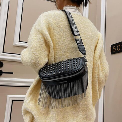 Minache Women Girls Rivet Metal Tassel Faux Leather Fanny Pack Waist Bag Chest Bag Crossbody Shoulder Bag in Saudi Arabia
