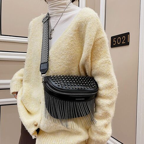 Minache Women Girls Rivet Metal Tassel Faux Leather Fanny Pack Waist Bag Chest Bag Crossbody Shoulder Bag in Saudi Arabia