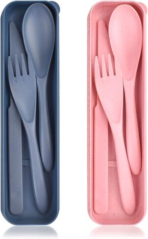 Travel Utensil Set with Case, 2 Sets Forks Spoons and Knives Set, Wheat Straw Reusable Plastic Utensils, Portable Cutlery Set, BPA Free Lunch Box Utensils Set for Work, Dorm, Camping (Pink, Blue) in Kuwait