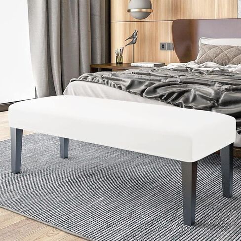 OBCREAT Dining Bench Cover Stretch Velvet Bench Slipcovers Removable Anti-Dust Bench Seat Cushion Covers Upholstered Dining Chair Cover Bench Protector for Living Room Bedroom (White) in Kuwait