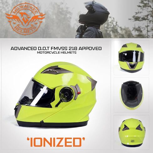 Milwaukee Helmets MPH9809DOT Ionized Neon Yellow Advanced Motorcycle Modular Helmet Biker w/Drop Down Visor - X-Large in Saudi Arabia