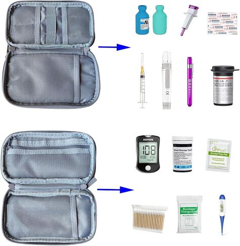 Double Layer Diabetic Supplies Medical Bag Travel Case Storage Box for Diabetes Testing Kit, Glucose Meters, Lancing Device, Lancets, Pen Needles, Insulin Syringes, Sticker, Alcohol Prep Pads (Black) in Kuwait