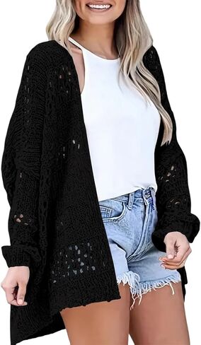Womens Crochet Cardigan Sweater Summer Boho Long Sleeve Lightweight Soft Oversized Open Front Knitted Tops in Saudi Arabia