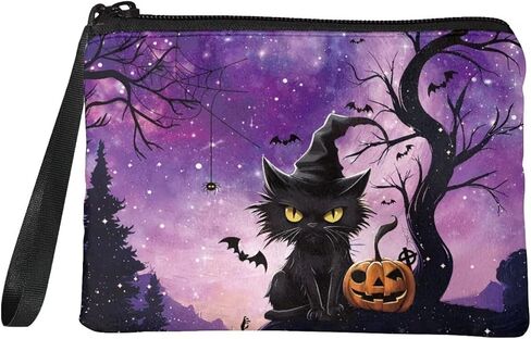 COEQINE Halloween Change Purse For Women Cute Coin Purse With Black Cats Pumpkin Pattern Handbag With Keychain for Travel Portable Soft Flannel Fabric Coin Purse for Women Birthday Decor in Kuwait