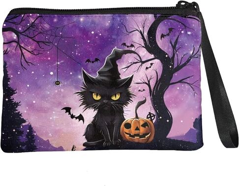 COEQINE Halloween Change Purse For Women Cute Coin Purse With Black Cats Pumpkin Pattern Handbag With Keychain for Travel Portable Soft Flannel Fabric Coin Purse for Women Birthday Decor in Kuwait