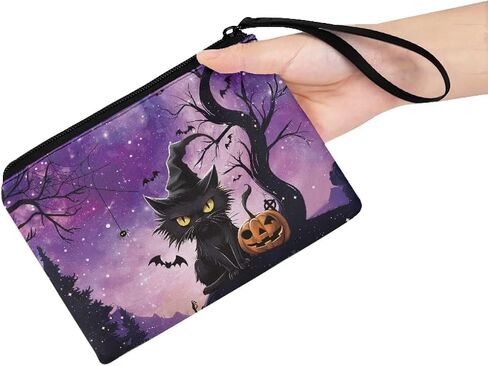 COEQINE Halloween Change Purse For Women Cute Coin Purse With Black Cats Pumpkin Pattern Handbag With Keychain for Travel Portable Soft Flannel Fabric Coin Purse for Women Birthday Decor in Kuwait