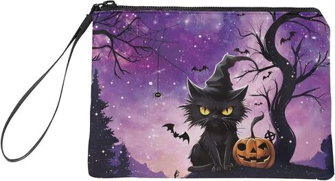 COEQINE Halloween Change Purse For Women Cute Coin Purse With Black Cats Pumpkin Pattern Handbag With Keychain for Travel Portable Soft Flannel Fabric Coin Purse for Women Birthday Decor in Kuwait