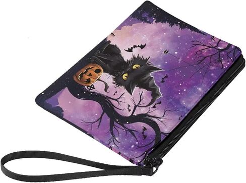COEQINE Halloween Change Purse For Women Cute Coin Purse With Black Cats Pumpkin Pattern Handbag With Keychain for Travel Portable Soft Flannel Fabric Coin Purse for Women Birthday Decor in Kuwait