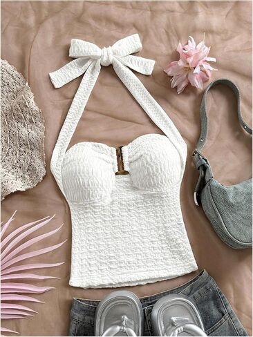 Milumia Women's Halter Top Ribbed Backless Ring Decor Knit Summer Going Out Tube Tops in Kuwait