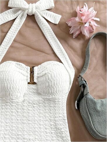 Milumia Women's Halter Top Ribbed Backless Ring Decor Knit Summer Going Out Tube Tops in Kuwait