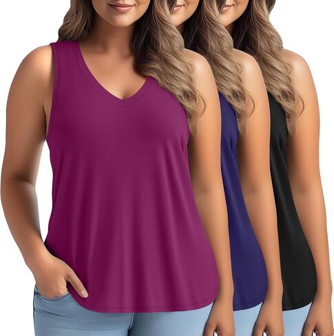 3 Pack Women's Plus Size V Neck Tank Tops Sleeveless Loose Fit Summer Tees Casual Trendy Basic T-Shirts Flat Hem in Saudi Arabia