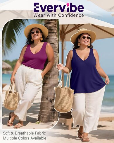 3 Pack Women's Plus Size V Neck Tank Tops Sleeveless Loose Fit Summer Tees Casual Trendy Basic T-Shirts Flat Hem in Saudi Arabia