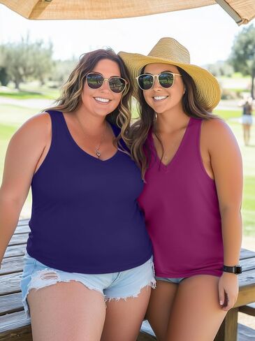 3 Pack Women's Plus Size V Neck Tank Tops Sleeveless Loose Fit Summer Tees Casual Trendy Basic T-Shirts Flat Hem in Saudi Arabia