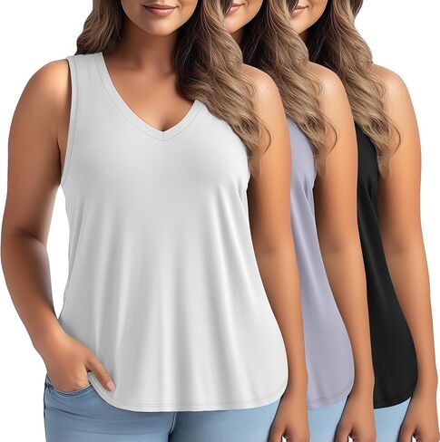 3 Pack Women's Plus Size V Neck Tank Tops Sleeveless Loose Fit Summer Tees Casual Trendy Basic T-Shirts Flat Hem in Saudi Arabia