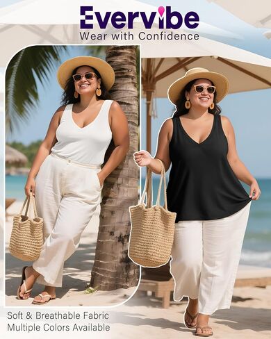 3 Pack Women's Plus Size V Neck Tank Tops Sleeveless Loose Fit Summer Tees Casual Trendy Basic T-Shirts Flat Hem in Saudi Arabia