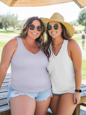 3 Pack Women's Plus Size V Neck Tank Tops Sleeveless Loose Fit Summer Tees Casual Trendy Basic T-Shirts Flat Hem in Saudi Arabia