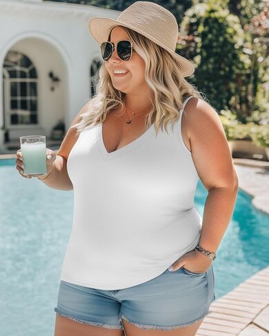 3 Pack Women's Plus Size V Neck Tank Tops Sleeveless Loose Fit Summer Tees Casual Trendy Basic T-Shirts Flat Hem in Saudi Arabia