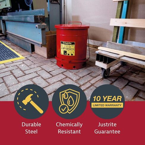 علبة نفايات زيتية من الفولاذ المجلفن Justrite 09410 مع غطاء يعمل يدويًا، سعة 0.45 جالون، أحمر in Kuwait