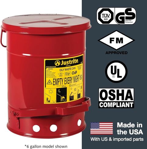 علبة نفايات زيتية من الفولاذ المجلفن Justrite 09410 مع غطاء يعمل يدويًا، سعة 0.45 جالون، أحمر in Kuwait