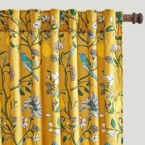 Mustard Yellow Luxury Velvet Floral Curtains 84 inches for Living Room,Vintage Victorian Botanical Blackout Curtain Drapes,2 Panels Mid Century Art Deco Bird Flower Window Curtains for Bedroom