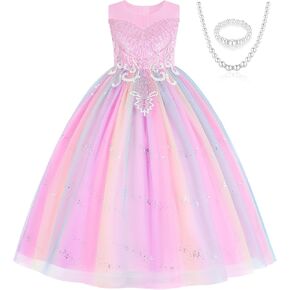 Girls' Sleeveless Party Dress with Pearl Necklace - for Birthday, Flower Girl, Wedding and Special Occasion Party