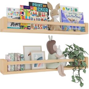 Nursery Floating Shelves, White Nursery Book Shelves for Wall, 16 inch Wall Bookshelf for Kids Solid Wood Wall Mounted Shelves for Books,Toys and Decor Storage, Set of 2