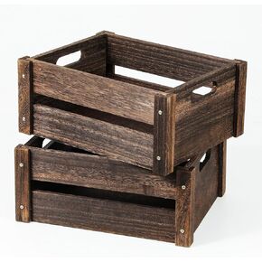 Farmhouse Wood Crates with Handles, Solid Wooden Storage Boxes, Handmade Durable Display Crates, 2 Pack Brown